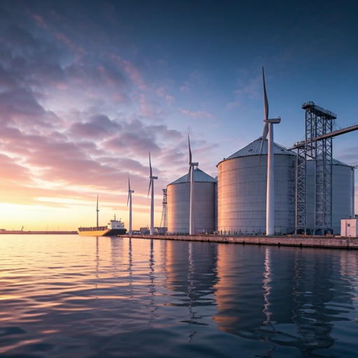 A wide panoramic shot of a high-tech industrial port at dawn, featuring large cargo ships, towering white wind turbine components, and massive concrete silos. The lighting is dramatic and cool-toned with purple hues in the shadows, matching the brand's primary color palette. The atmosphere is professional, expansive, and symbolizes modern logistics and territorial management.