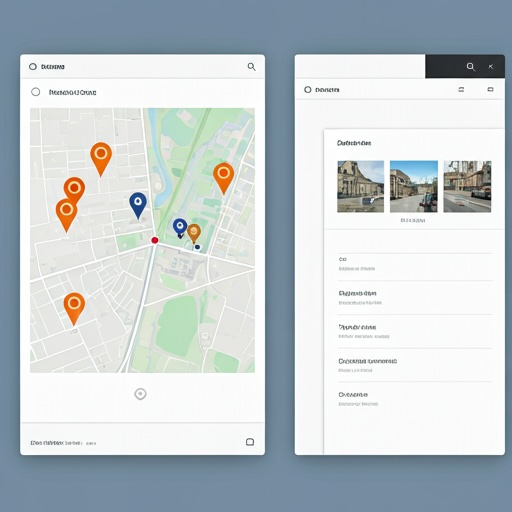 A sophisticated UI dashboard screenshot showing a mapping interface of an industrial zone. The map has various orange and red property markers. A clean search sidebar with dropdowns for 'Type de bien', 'Départements', and 'Surface' is visible. The design is modern, using a light mode aesthetic with deep purple accents and JetBrains Mono labels.